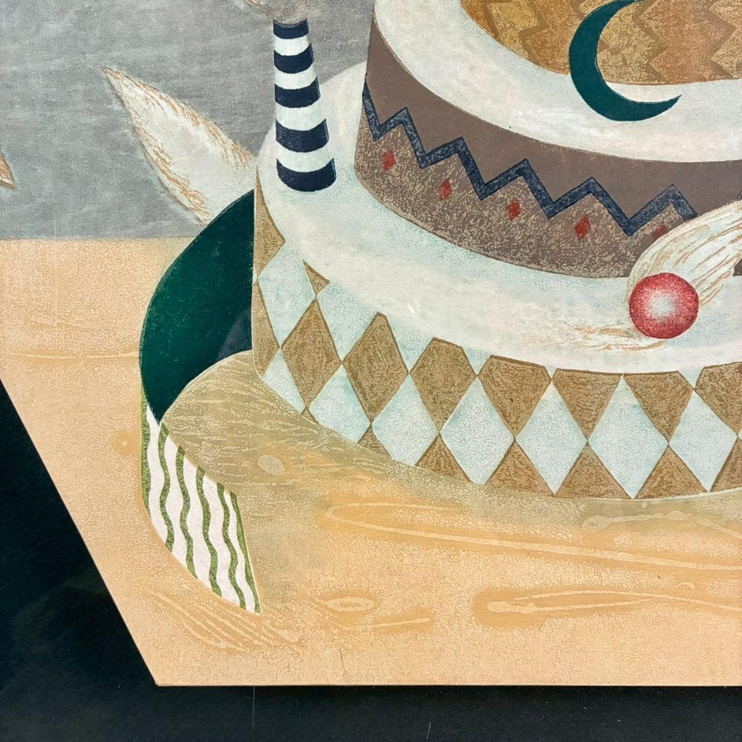 美品 岩切裕子「雲の記念日」木版画 直筆サイン・画廊シール有 お洒落な立体額装