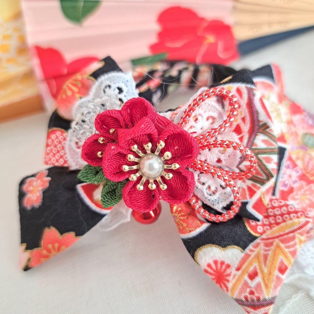 つまみ細工(黒×ピンク)わんちゃん猫ちゃん用襟つき首輪 お正月仕様(黒)