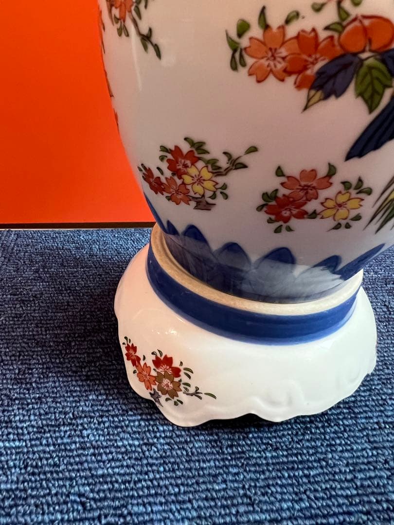 1348 九谷焼 良山作 染錦花鳥図壺 獅子蓋 三段壺 飾り壺