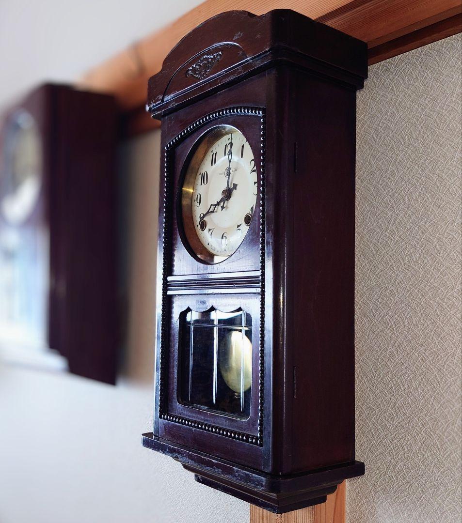 〈完動・美品〉鶴巻時計店英工舎　大正浪漫筋硝子宮型ゼンマイ振り子時計 　古時計