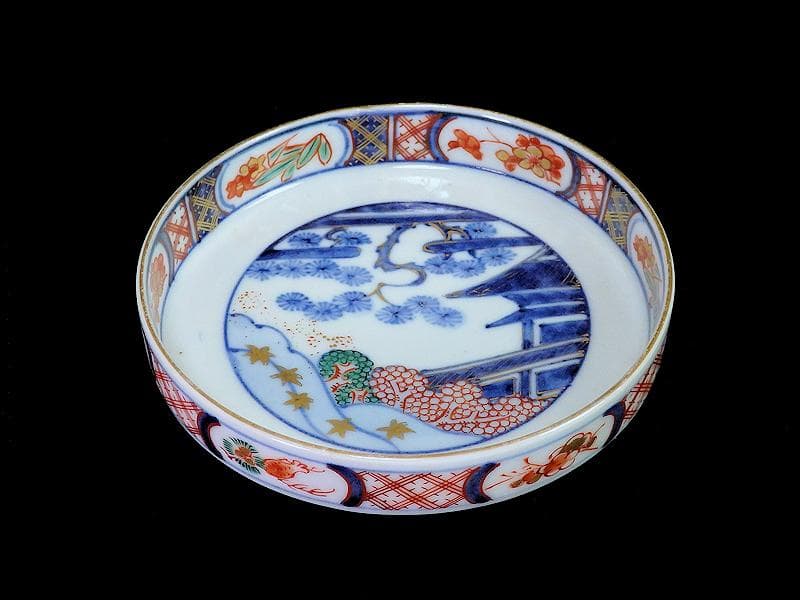 大聖寺伊万里　色絵　松に邸宅の図　縁高４寸皿　５枚　C595AS-BRq