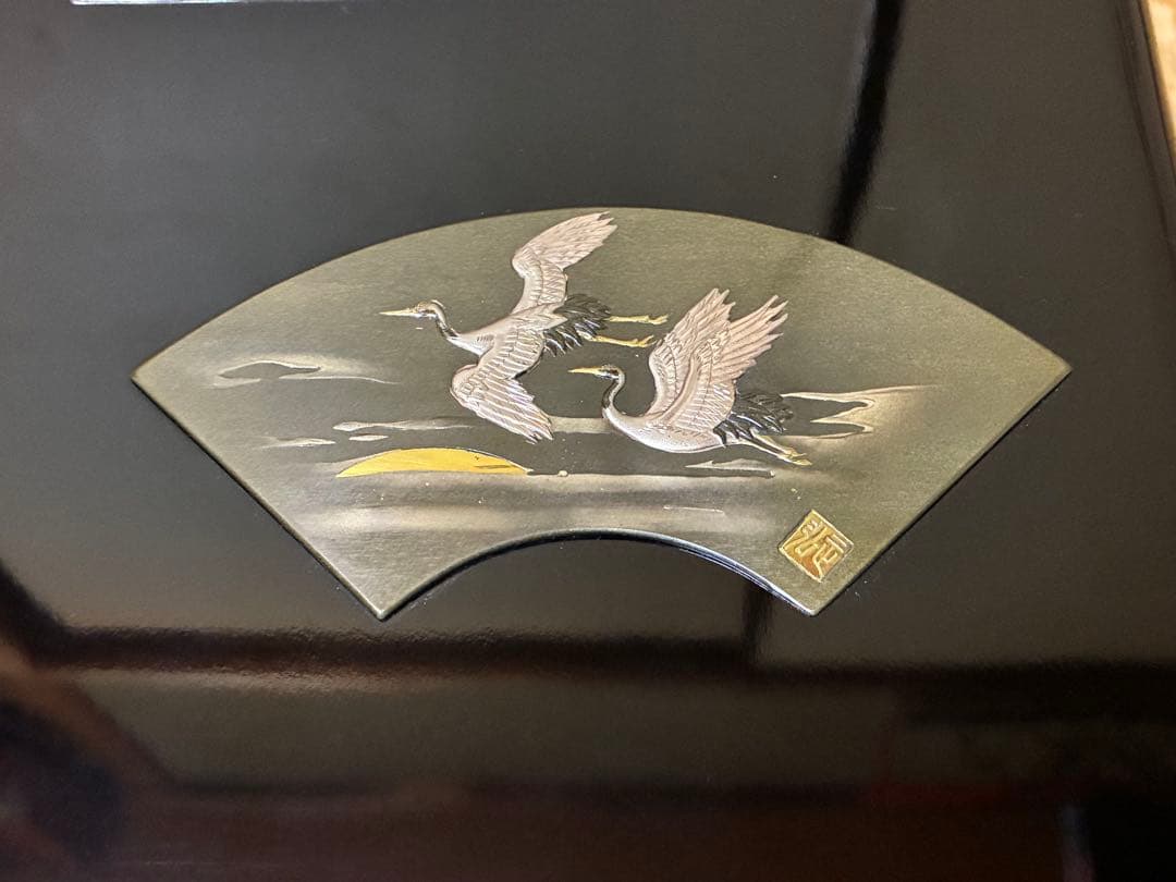 漆器 重箱 銀細工 富士山と鶴の絵柄 文箱 三越謹製 作家物 共