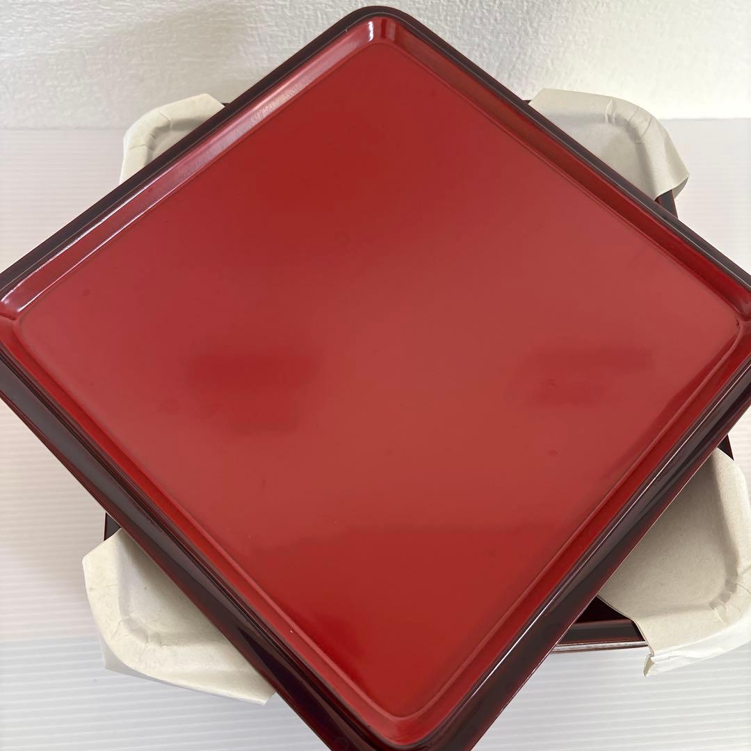 輪島塗 二段重箱 溜め塗内朱 四季草花沈金蒔絵