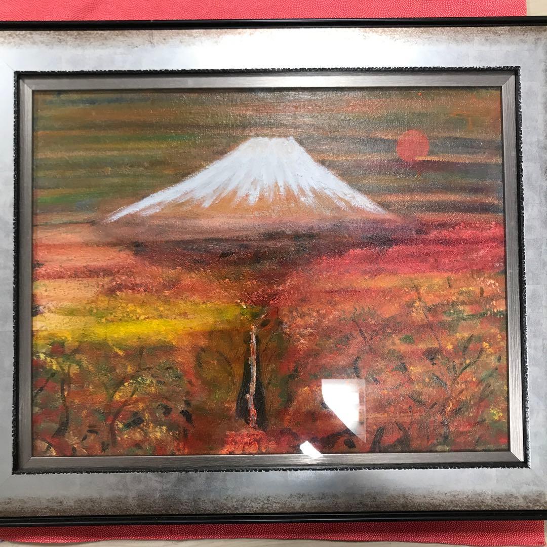 油彩画　真筆保証　富士山と滝と紅葉　自作絵画　堀口　守