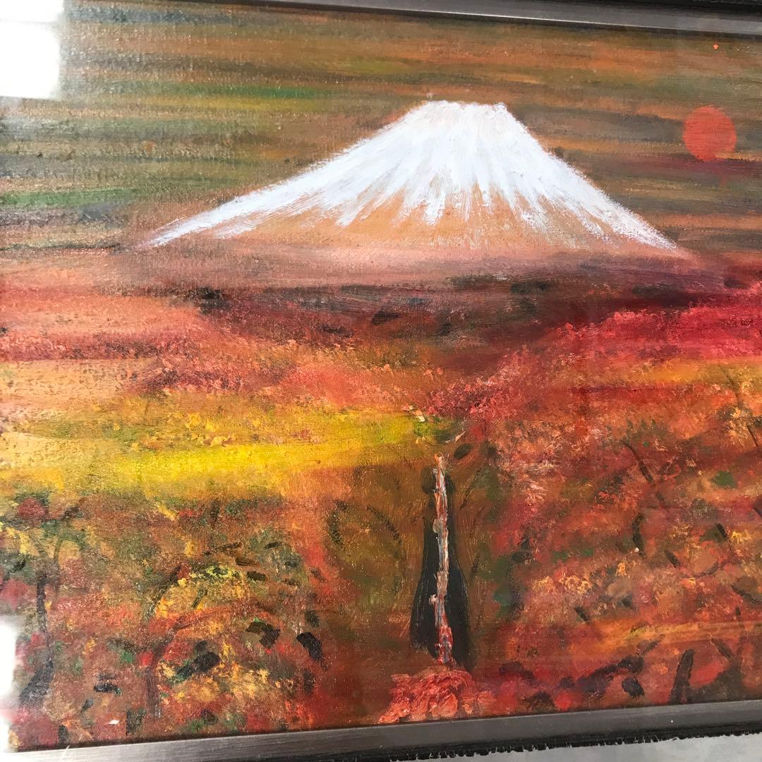 油彩画　真筆保証　富士山と滝と紅葉　自作絵画　堀口　守
