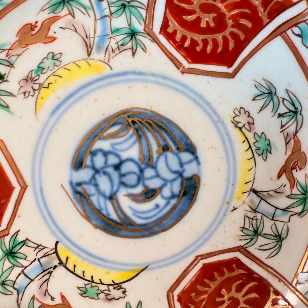 古伊万里　染錦　菖蒲　竹鳥図　直径12.3㎝　赤絵　6枚　古器を楽しむ