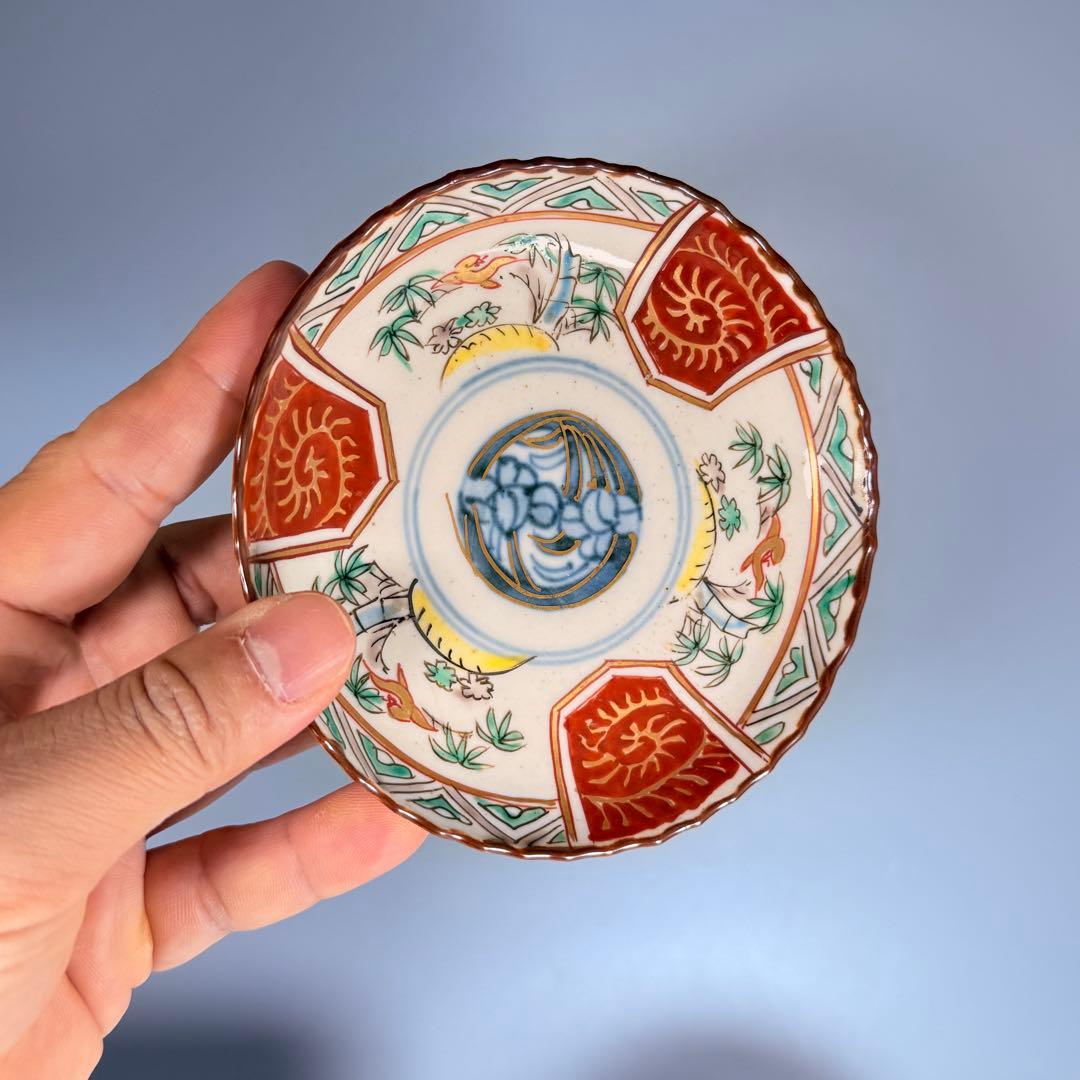 古伊万里　染錦　菖蒲　竹鳥図　直径12.3㎝　赤絵　6枚　古器を楽しむ