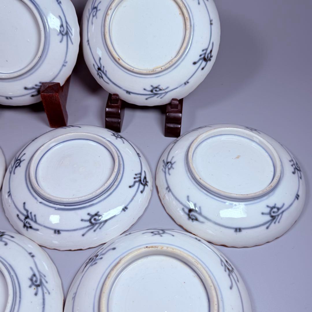 古伊万里　染錦　菖蒲　竹鳥図　直径12.3㎝　赤絵　6枚　古器を楽しむ