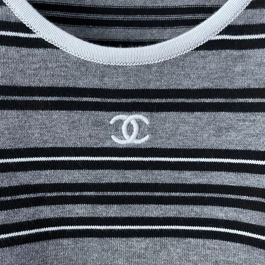 シャネル ココマーク ボーダー タンクトップ グレー 38 コットン