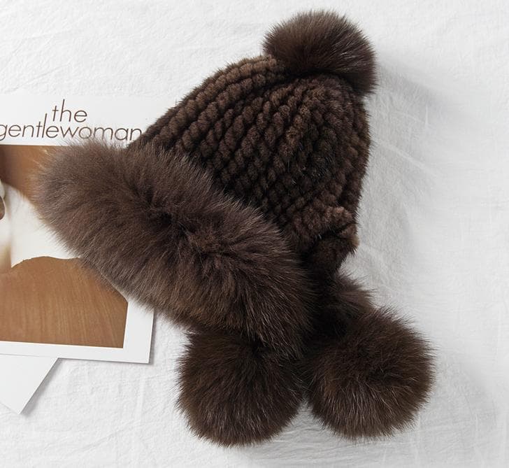 新品限定◇フォックスとミンク編みこみ帽子 ◇ポンポン付き/茶◇毛皮