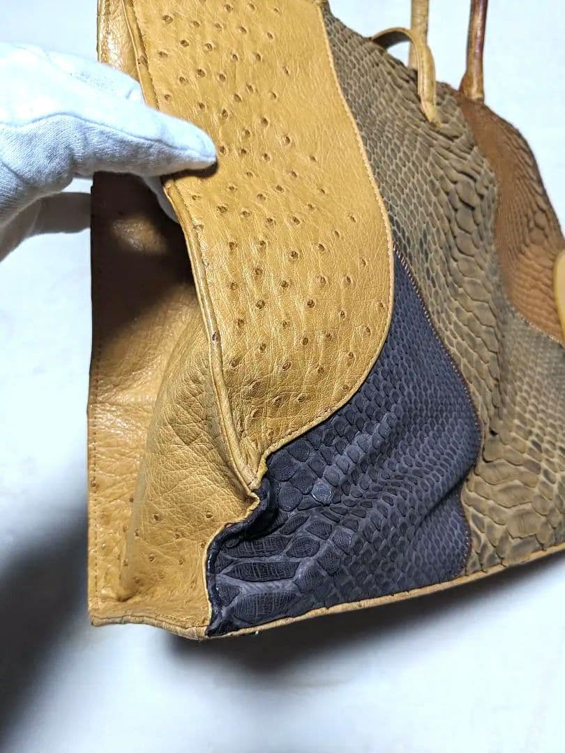 エキゾチックレザー　トートバッグ パイソン オーストリッチ A4 キャメル