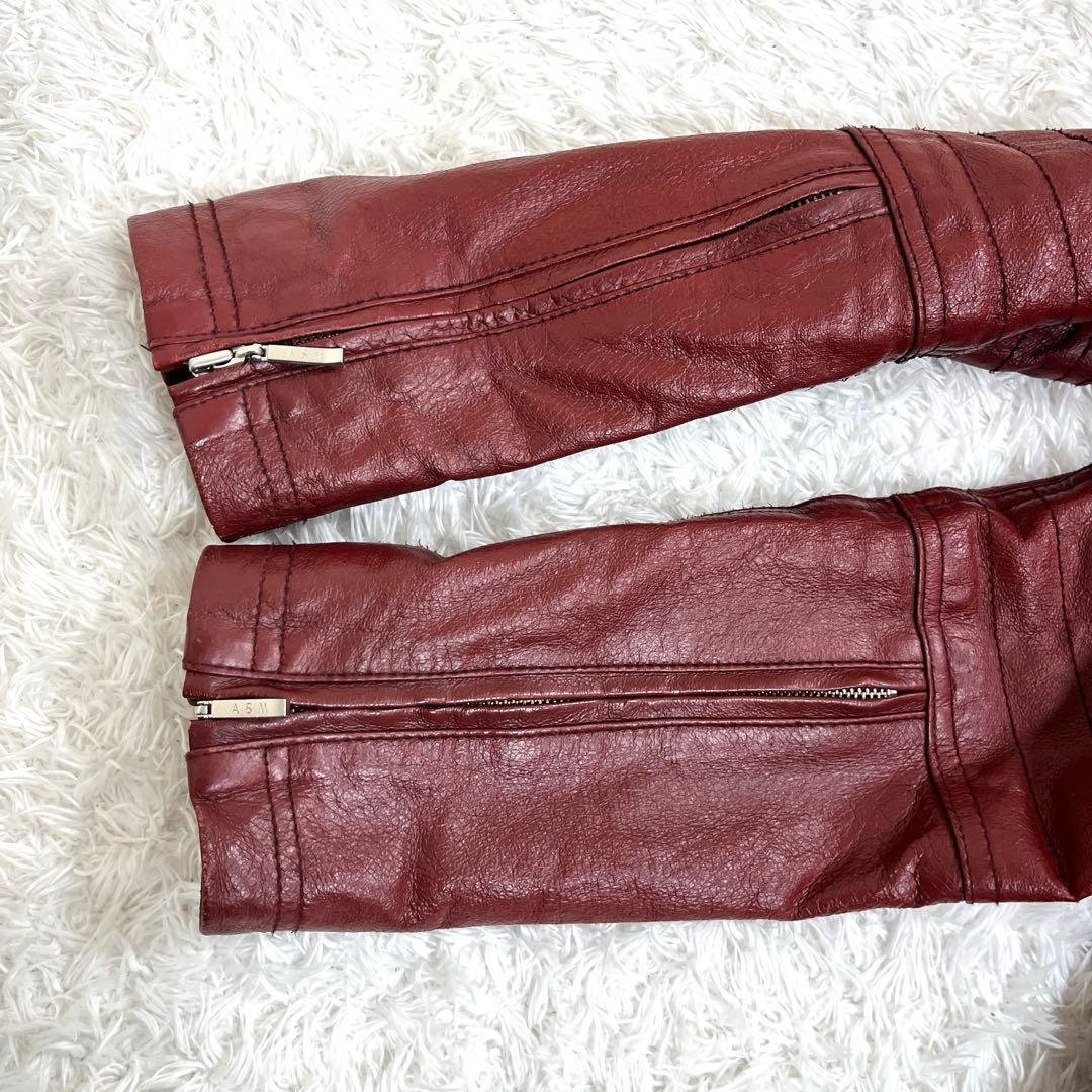 A.S.M ファー レザーシングルライダースジャケット バーガンディ y2k M