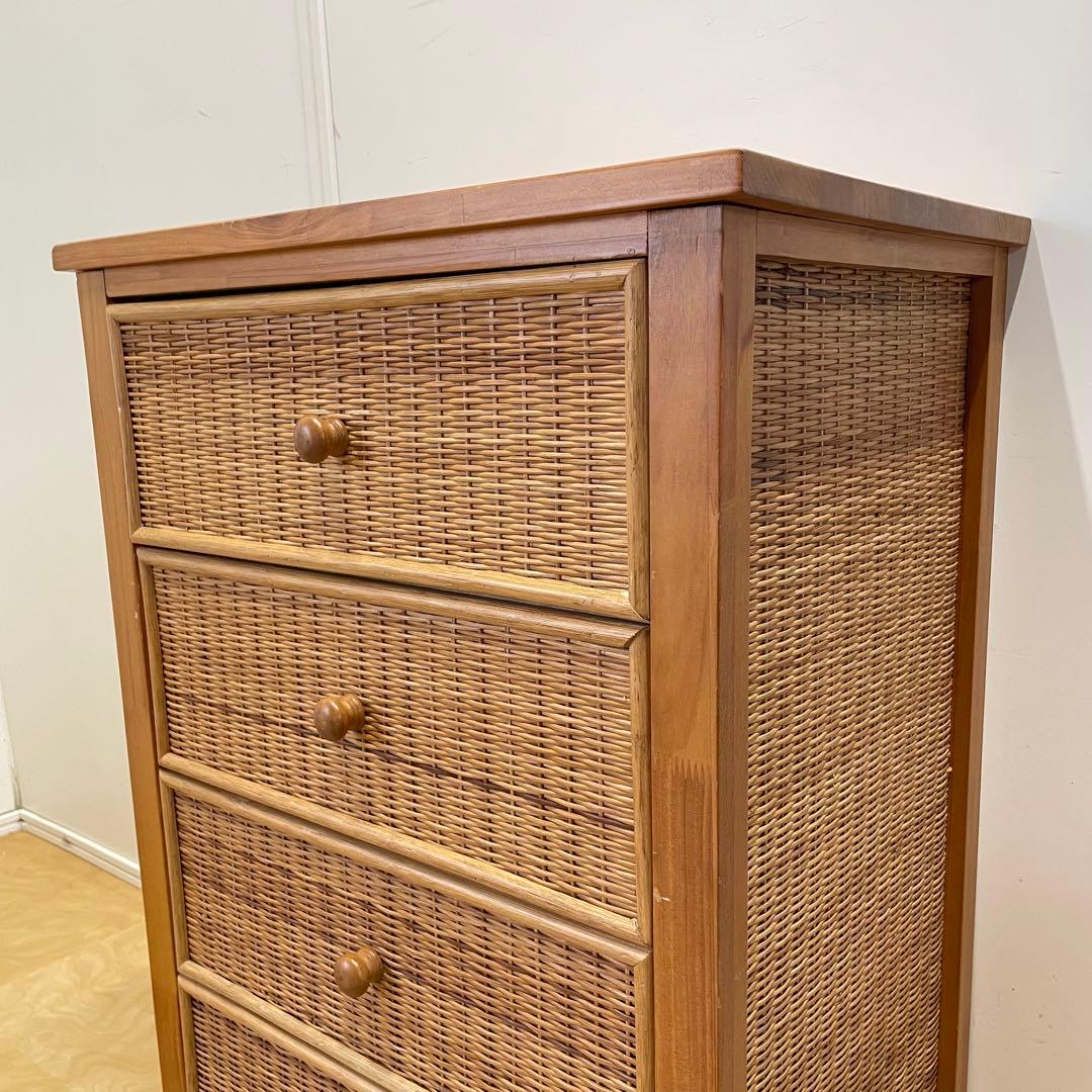 籐 ラタン 木枠4段チェスト② 引き出し 収納 タンス 電話台 ビンテージ