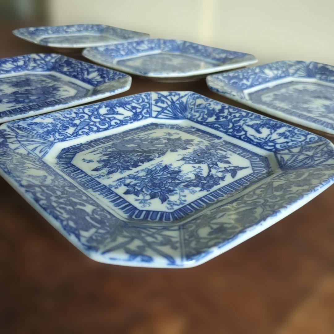 WHITE　骨董　角皿　伊万里　印判　花　7枚