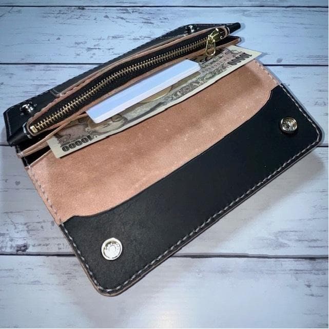 あ、 ロングトラッカーウォレット/姫路レザー茶芯黒色/ステッチ白色