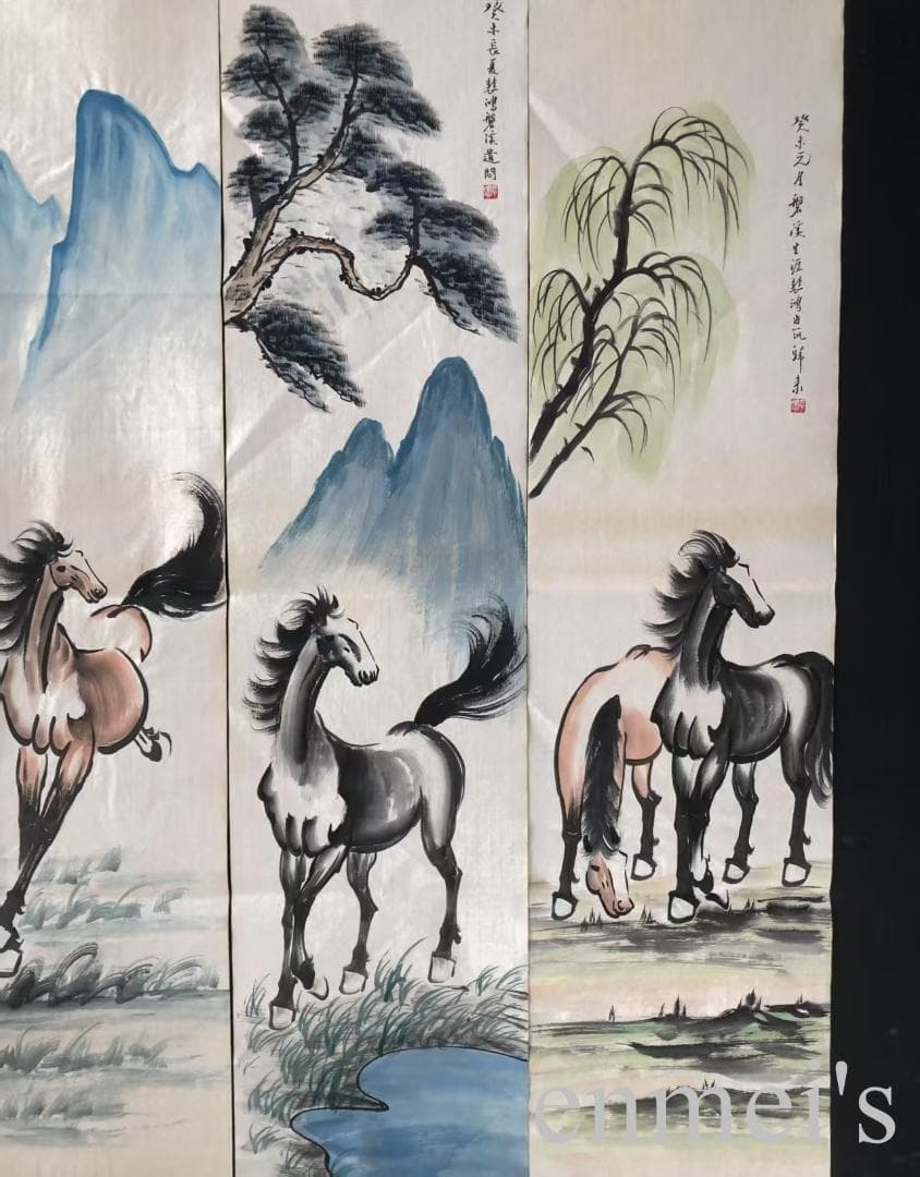 中国古美術・馬 四条屏画芯・徐悲鴻印款・水墨画・純手描き・文房置物 ・水印付き