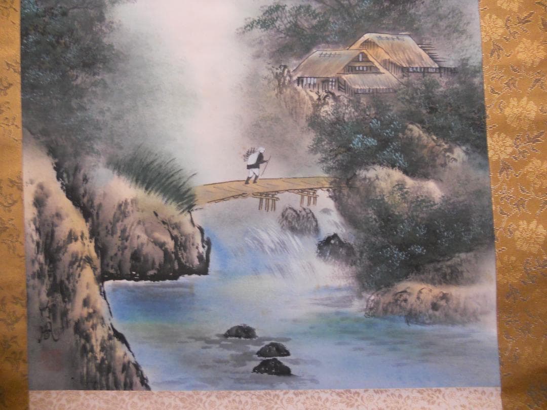 掛け軸 竹鳳 彩色山水 絹本 希少 軸装 茶道具 掛軸 美品です