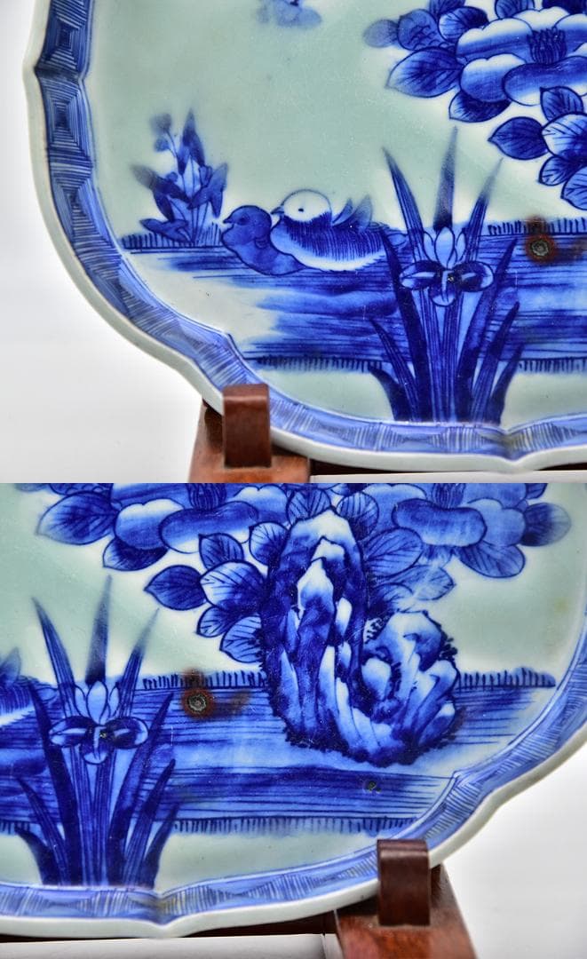 時代年代物 古伊万里 染付 変形皿 花鳥図 仕覆 合わせ箱 有田焼