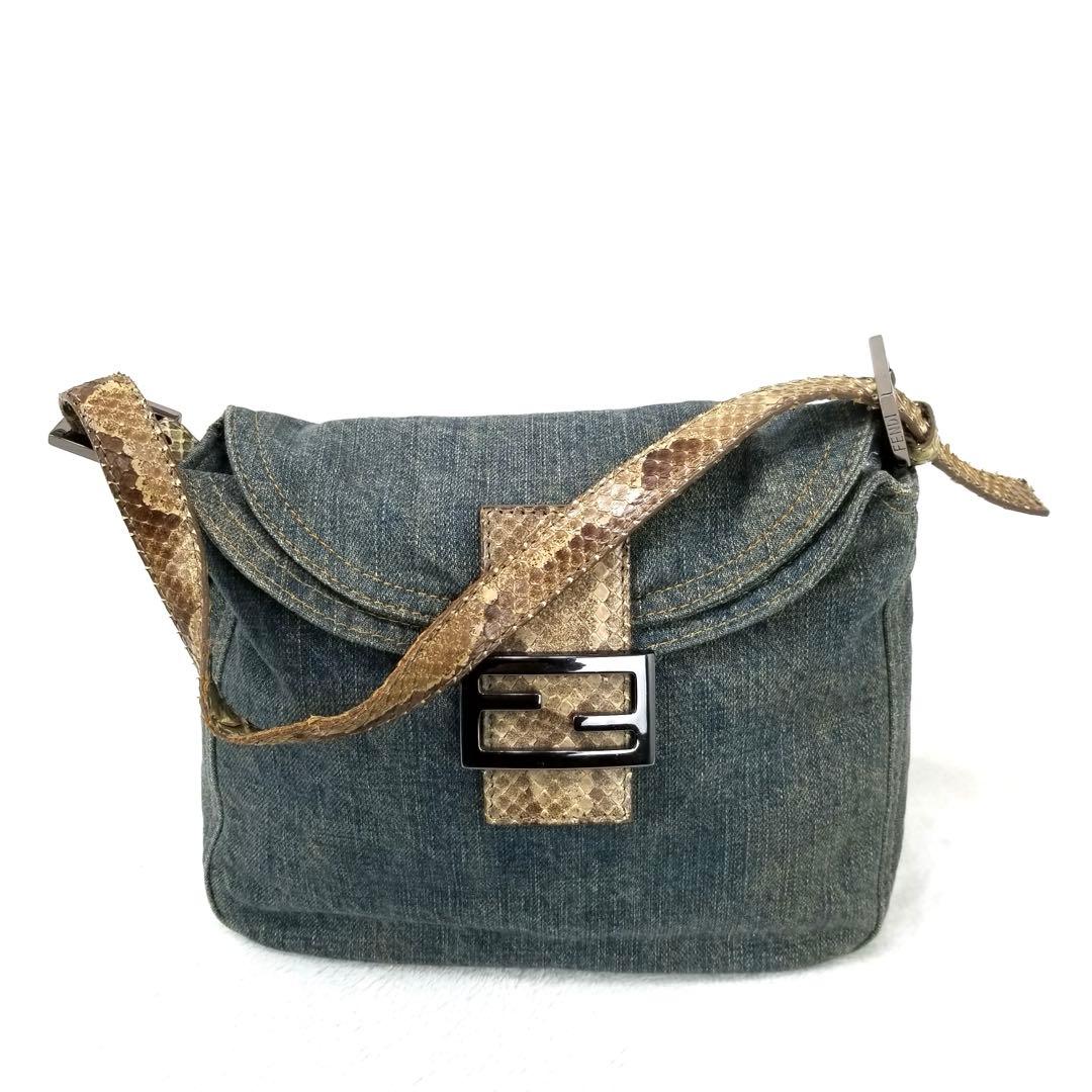 FENDI マンマバケット デニム×パイソン ショルダーバッグ　ミリタリグリーン