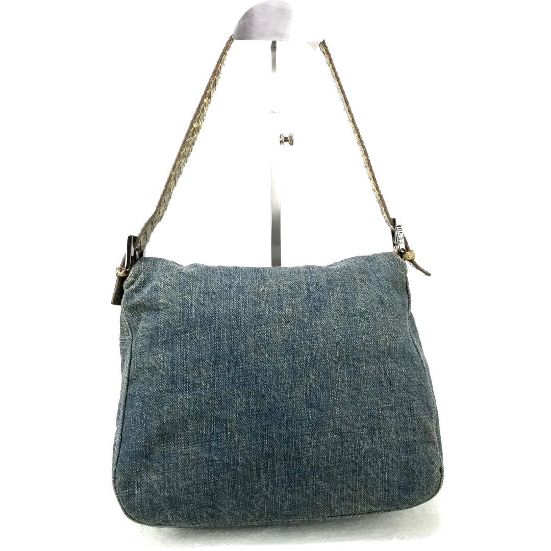 FENDI マンマバケット デニム×パイソン ショルダーバッグ　ミリタリグリーン