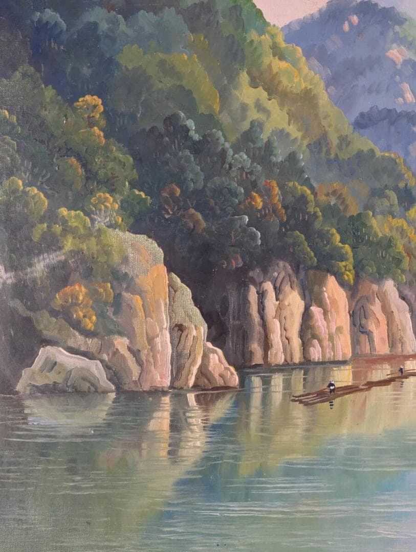 【真作】絵画　油彩10号　渓谷の舟行　雄大な山水と静けさの漂う風景画　Y52