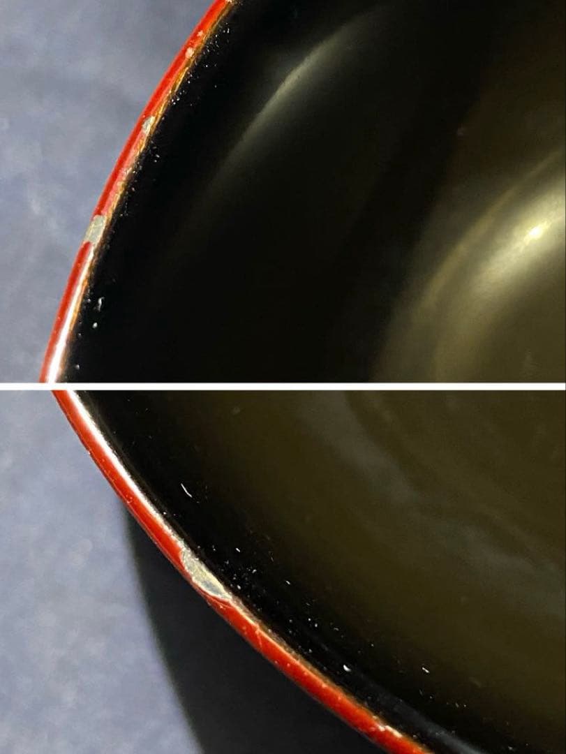 大正時代物骨董　天然木製漆器椀　梅柄金蒔絵・螺鈿　外朱内黒　菓子椀・雑煮椀　二客