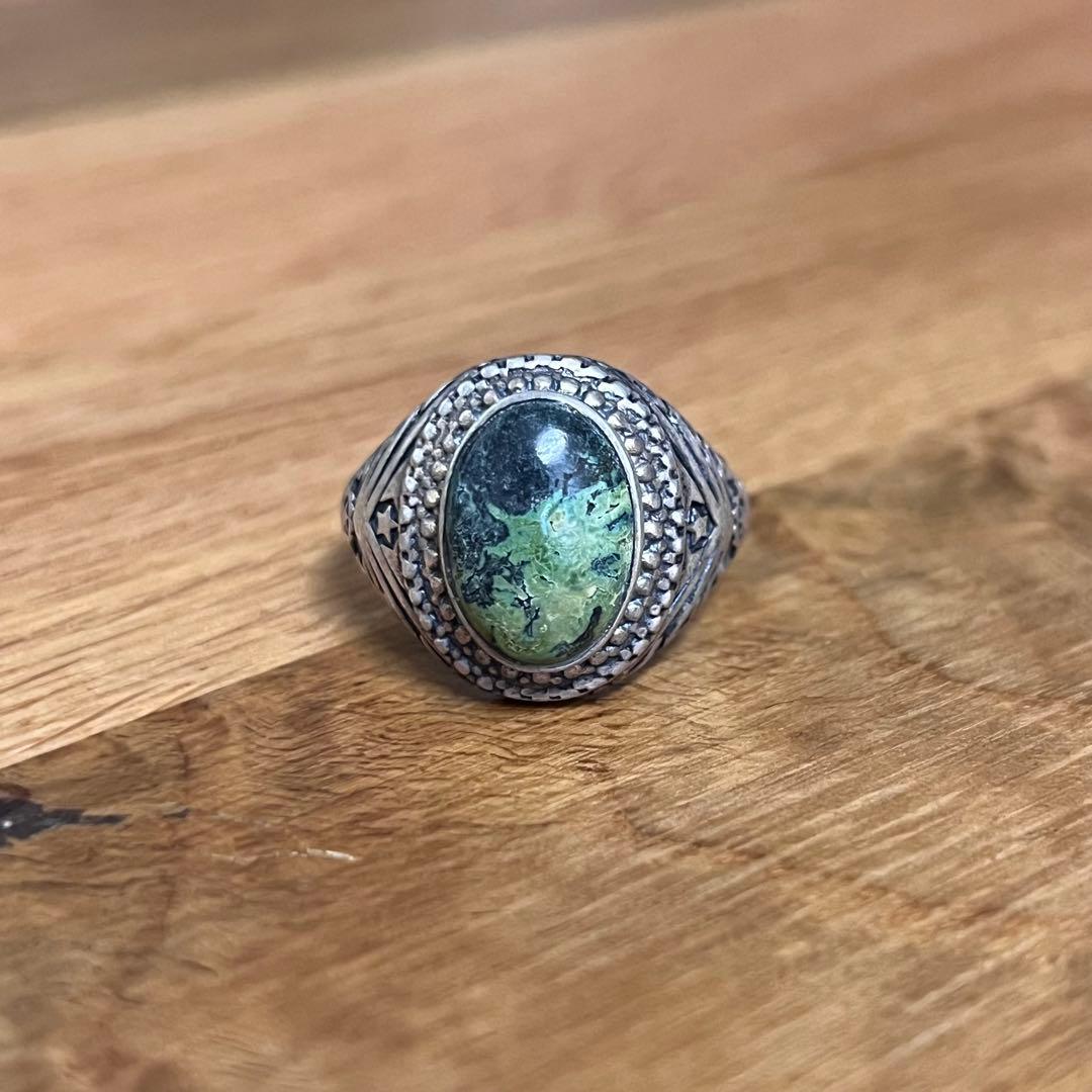 シルバー925 ターコイズ＆アールヌーボー調彫刻 シグネットリング
