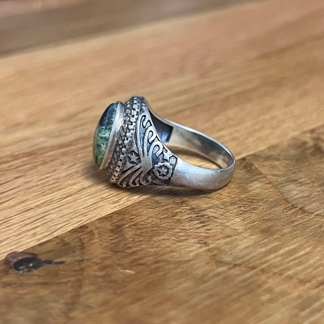 シルバー925 ターコイズ＆アールヌーボー調彫刻 シグネットリング