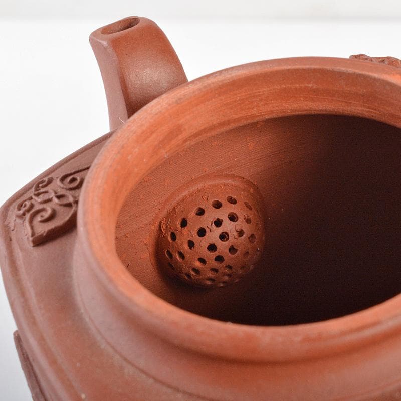 中国 紫砂 朱泥 山水人物神獣文 四方急須 茶壷 在銘 C