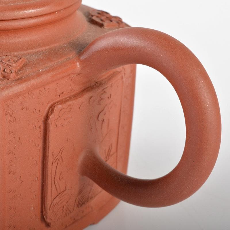 中国 紫砂 朱泥 山水人物神獣文 四方急須 茶壷 在銘 C