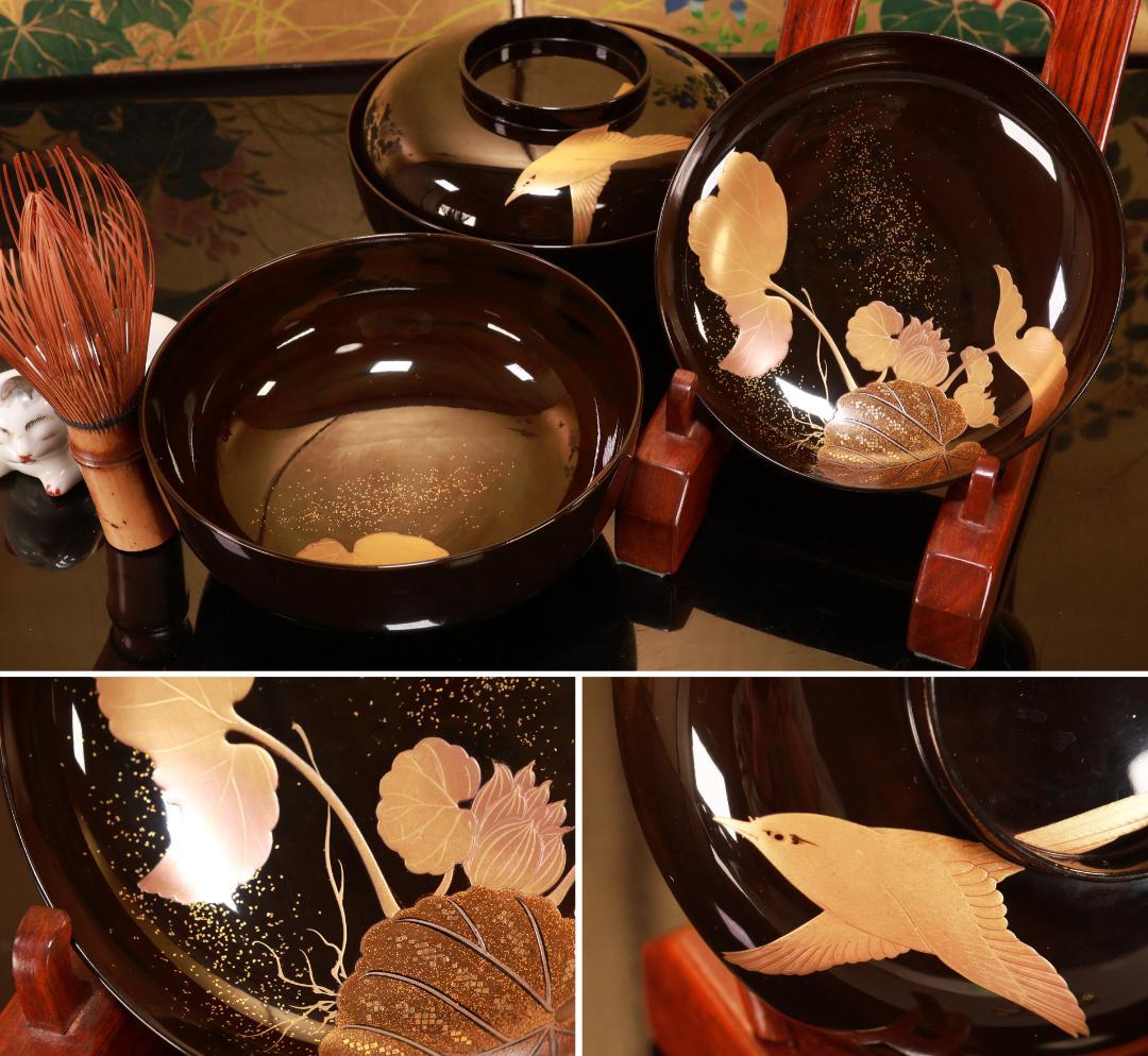 BJ062 木製漆器萩野月蒔絵吸物盆吸物膳十客絵違い図替わり共箱