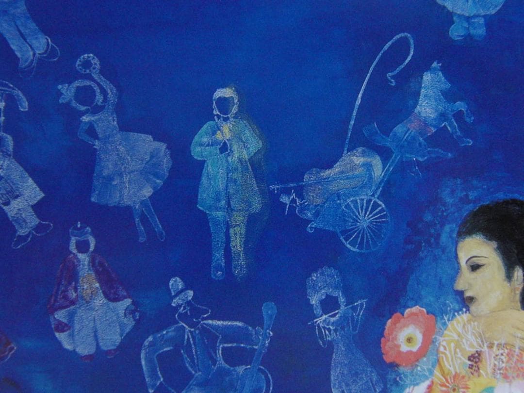 横川冨美、【月夜の楽団】、希少な額装用画集より、新品額装付