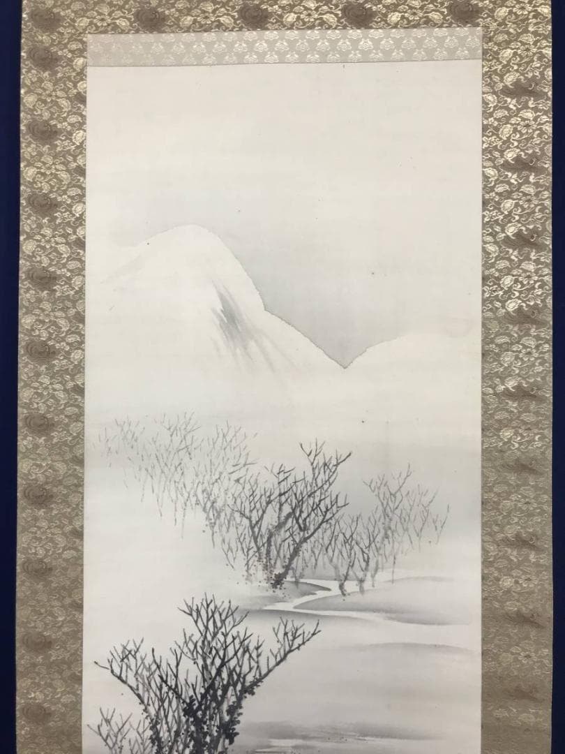 【真作】熊谷直彦/雪景山水人物図/金襴表装/掛軸/名家伝来/AB-965