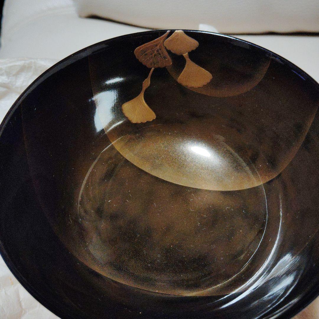 輪島塗黒い漆器の椀 金色の葉模様5客