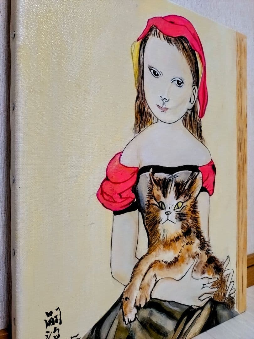 F6号】藤田嗣治【猫を抱く少女】肉筆/表裏サイン・鑑定書有り/油彩/絵画/