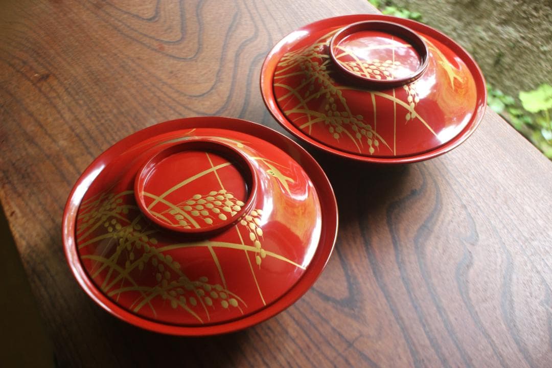 デッドストック！時代朱漆に極上稲穂雀蒔絵の映える大椀2点（検