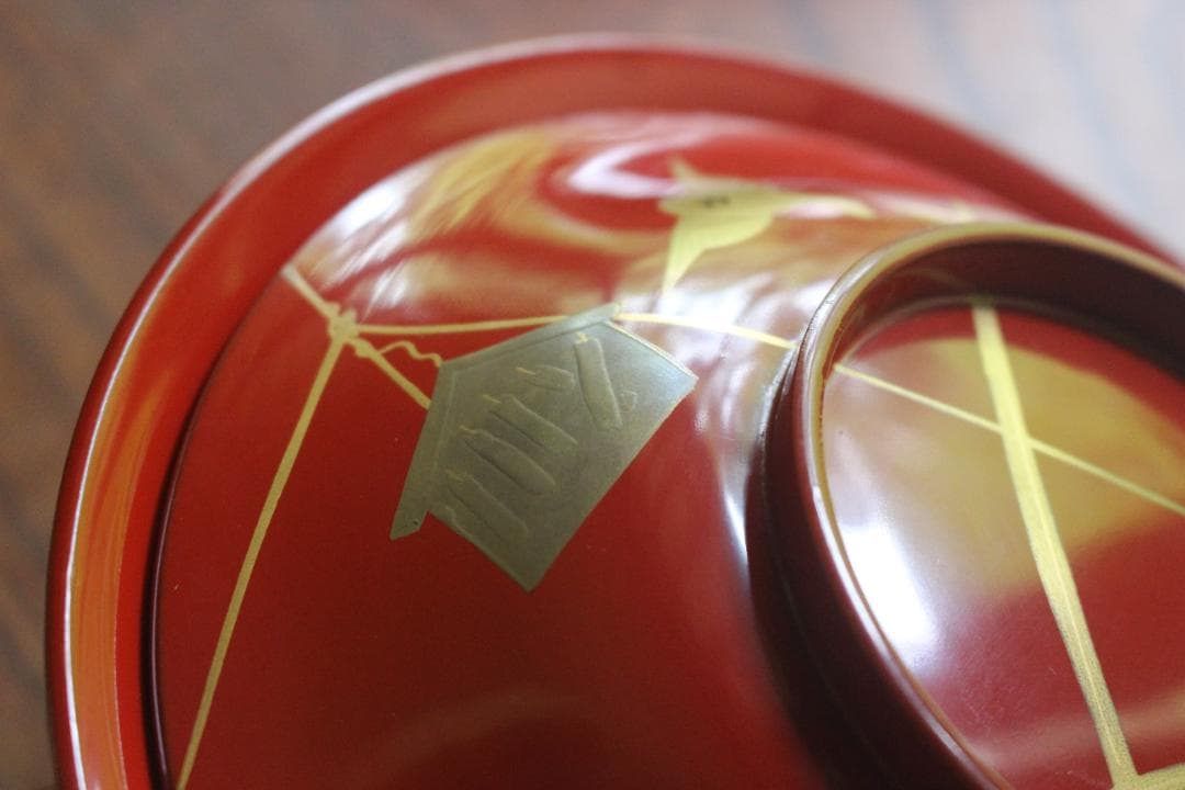 デッドストック！時代朱漆に極上稲穂雀蒔絵の映える大椀2点（検