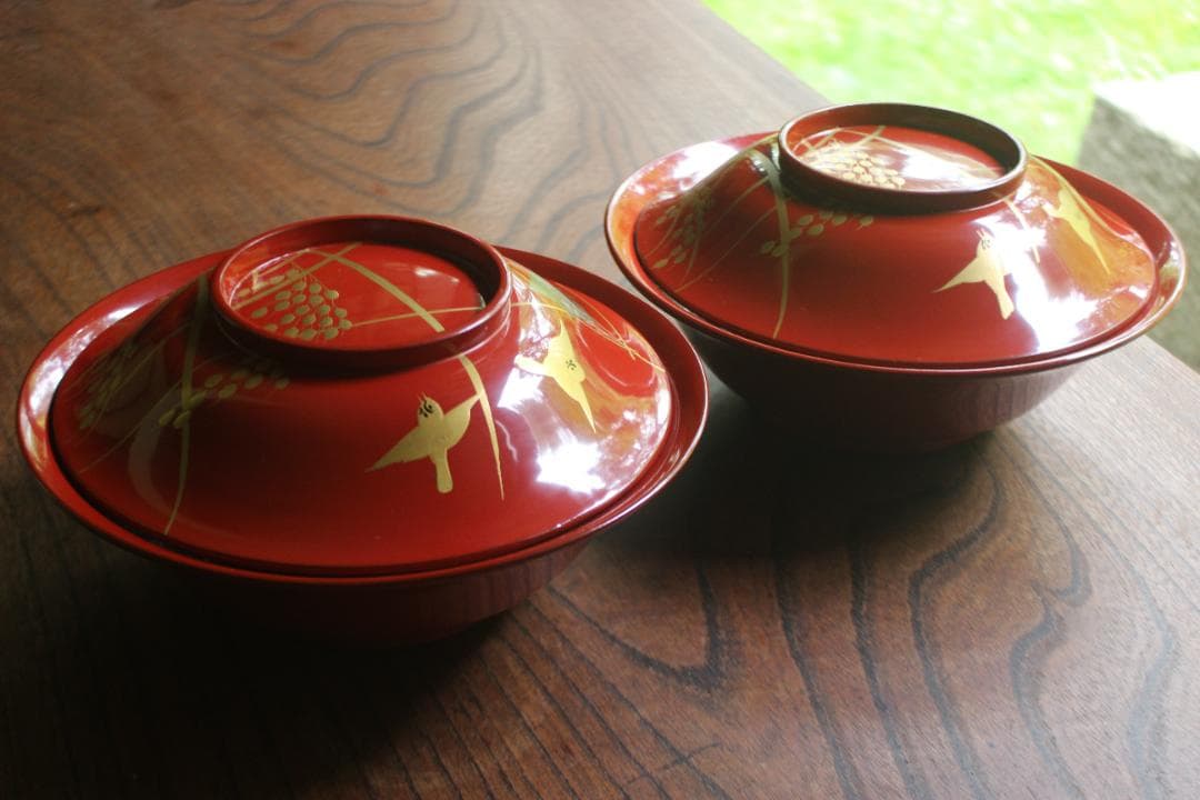 デッドストック！時代朱漆に極上稲穂雀蒔絵の映える大椀2点（検