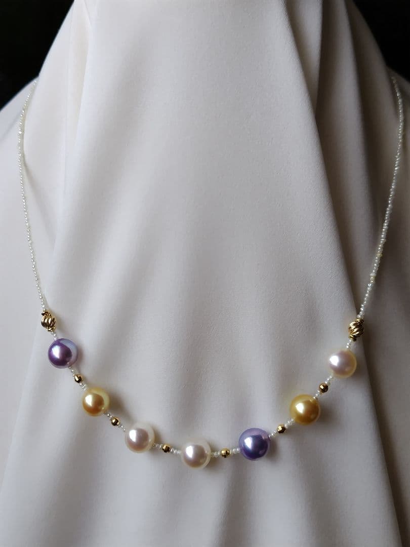 2種類のアコヤ真珠、あこや砂芥子パール、オメガ風ネックレス