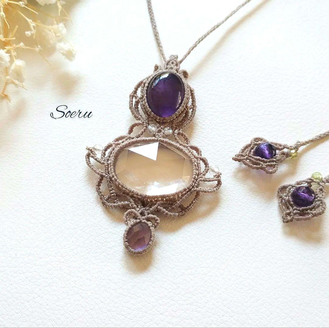 アメジストのマクラメ編み 天然石ネックレス クンツァイト＆シトリン