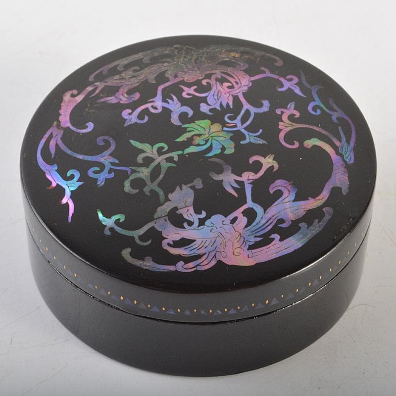 韓国漆器　螺鈿細工　圓式菓子器　小物入　宝石箱　箱付　C　R7470