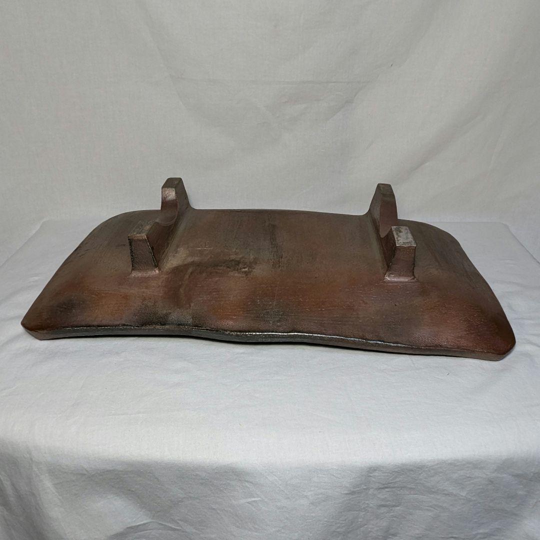 直しあり】岡山県重要無形文化財 山本出 備前焼 足付縞文様長方皿 花台