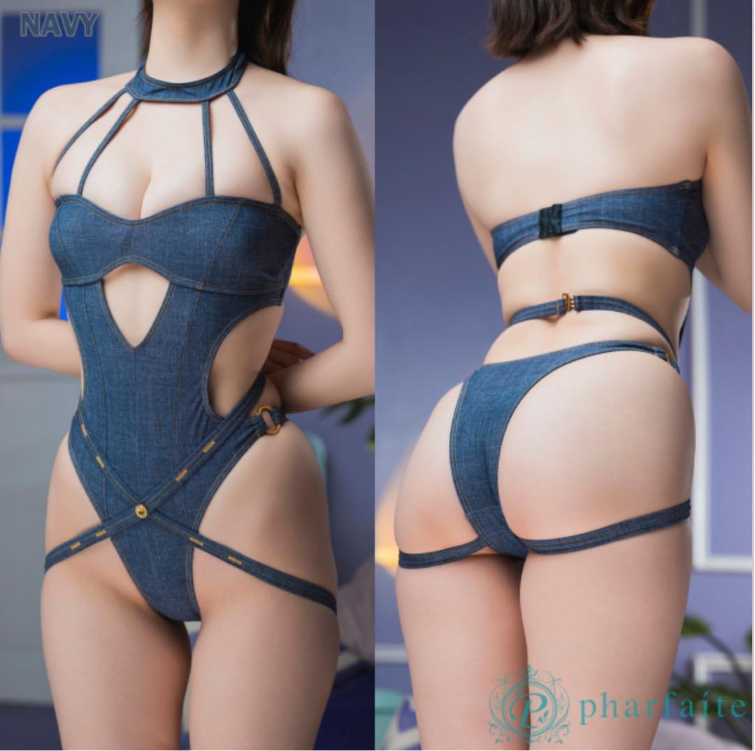 pharfaite デニム柄ワンピーススウィムウェア