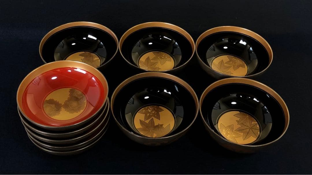 《R》輪島塗 銀地源氏車蒔絵 煮物椀5客 木製漆器 木箱 251204お3