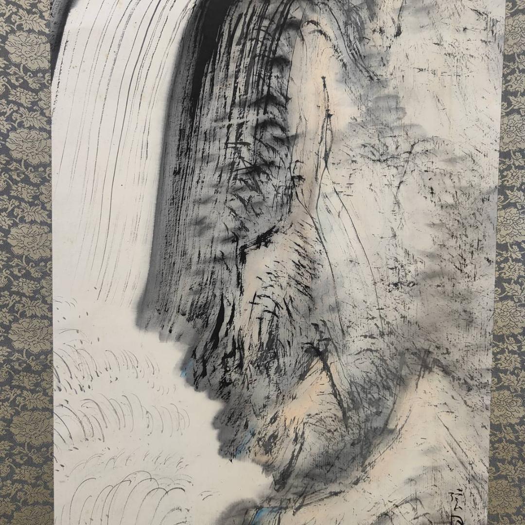 真作/矢沢弦月/滝図/瀧図/山水/布袋屋掛軸A-384