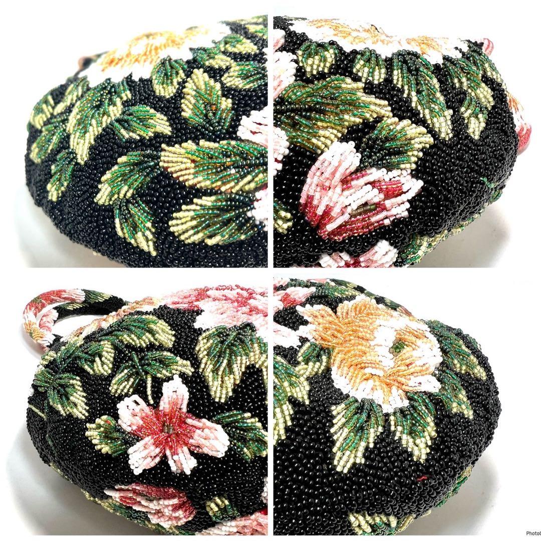 【美品】ビーズ総刺繍/花柄 ボタニカル柄/ハンドバッグ 和装バッグ ビーズバッグ