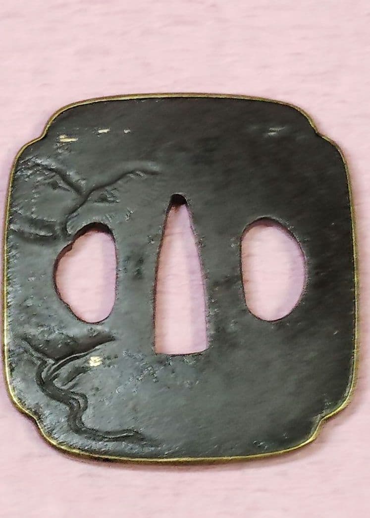 刀装具 鐔 鍔 無銘 鉄地 銅覆輪 金象嵌 色絵 賢人風景図 木瓜形鐔 時代物