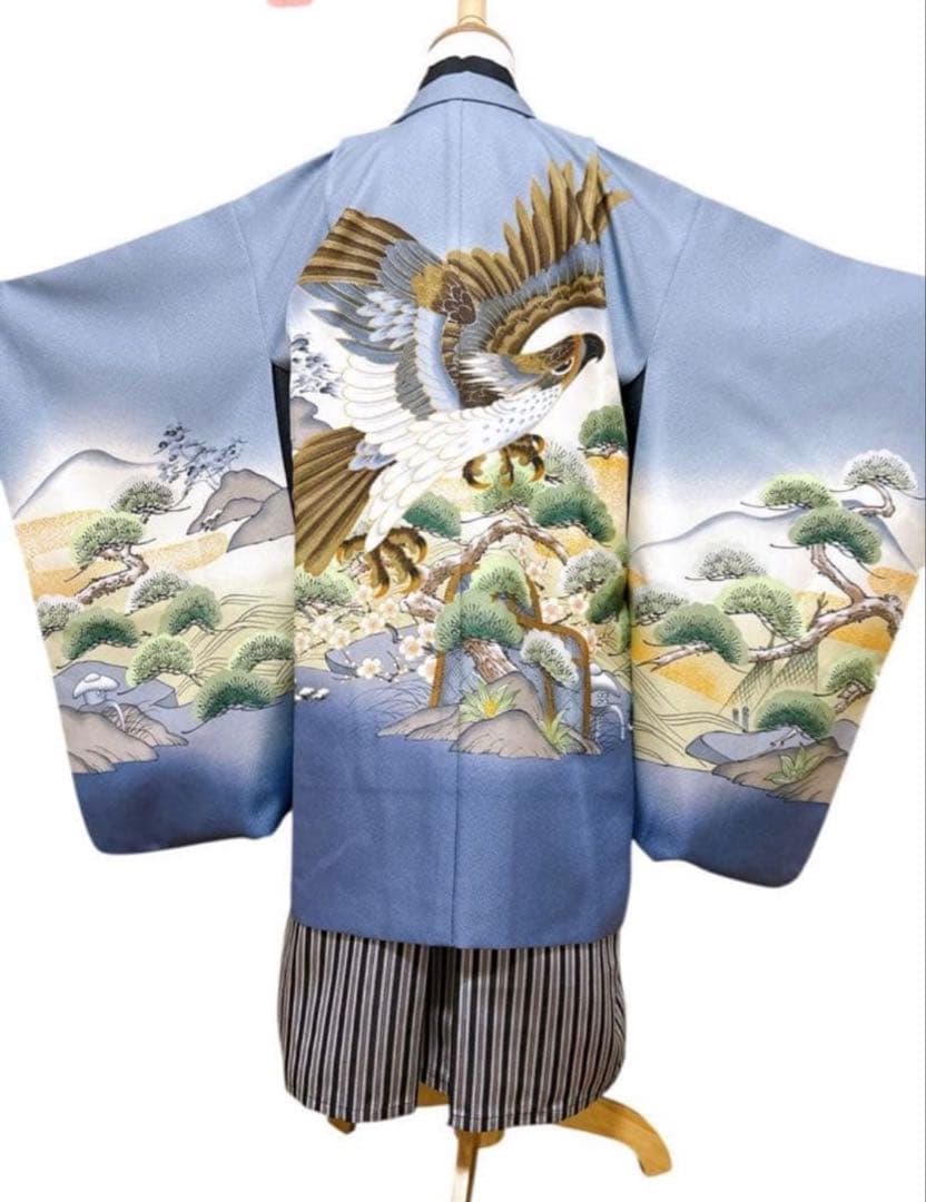 5歳用　縦縞袴　七五三　5歳　男の子　フルセット　一式　グレー系　鷹