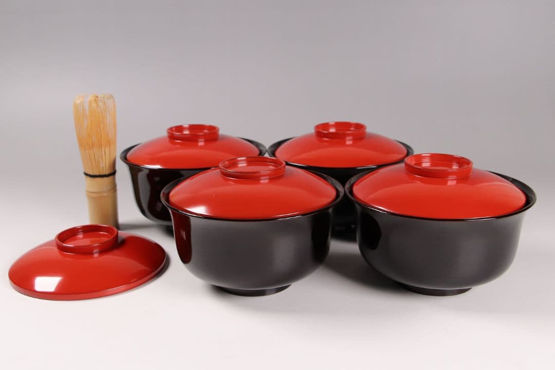 CK82 塗師 辻石斎 盃蓋吸物椀 四客 朱塗 黒塗 波に鳥 金蒔絵 木製漆器