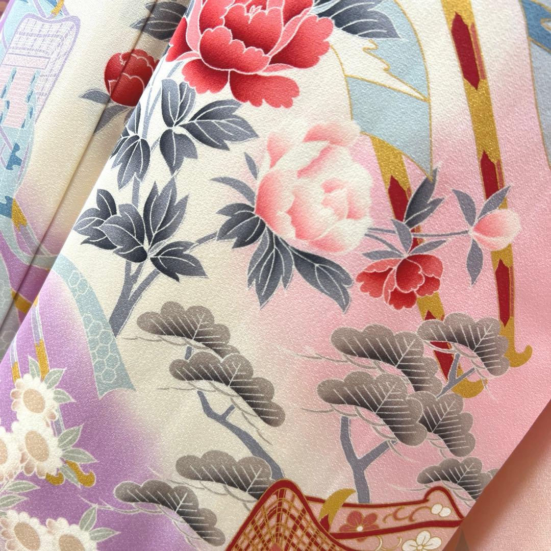 392 振袖フルセット 正絹 薄桃 薄紫 白 ピンク ラベンダー 金彩 暈し